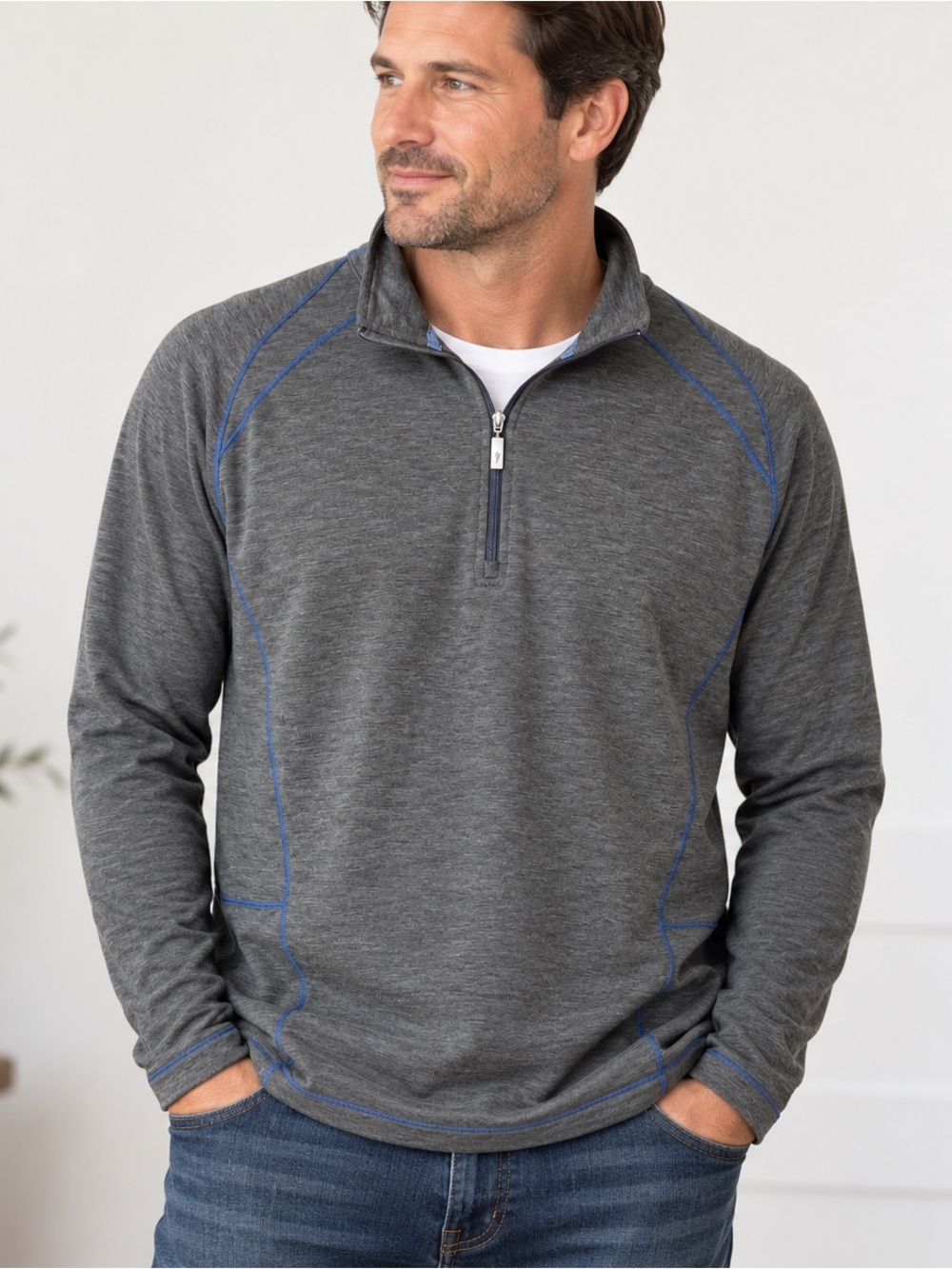 Tommy Bahama Men’s Large Gray Blue Stitch Quarter Zip Pullover Performance